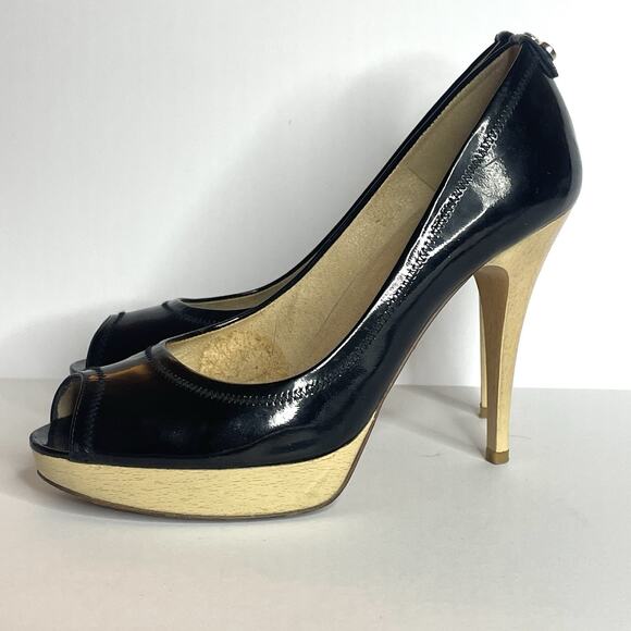 Stuart Weitzman Black Patent Leather Peep Toe Platform Heels 7 M Classic SW Logo - Picture 1 of 7